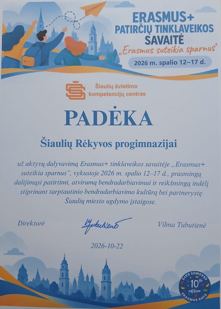 ŠIAULIŲ RĖKYVOS PROGIMNAZIJAI – PADĖKA UŽ „ERASMUS+“ PROJEKTO VEIKLAS